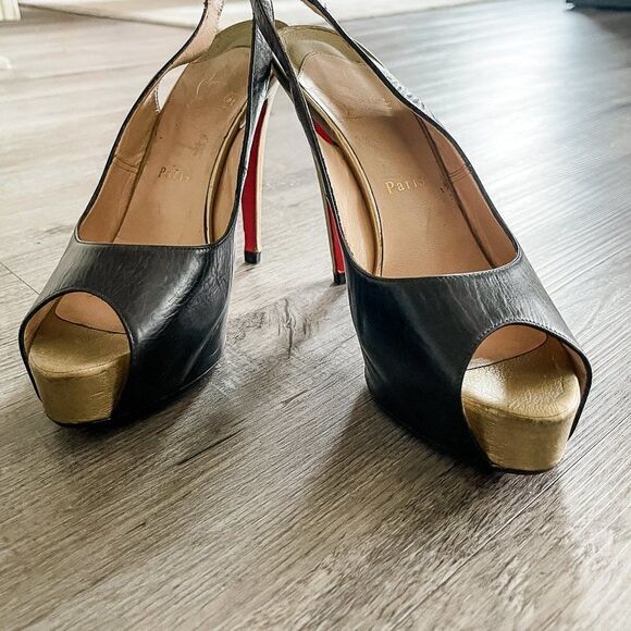 Christian Louboutin Black Gold Leather Slingback Peep Toe Pumps Size 39.5EU - Picture 12 of 13